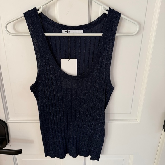 Zara Tops - ZARA Navy Ribbed Shimmer Tank Top